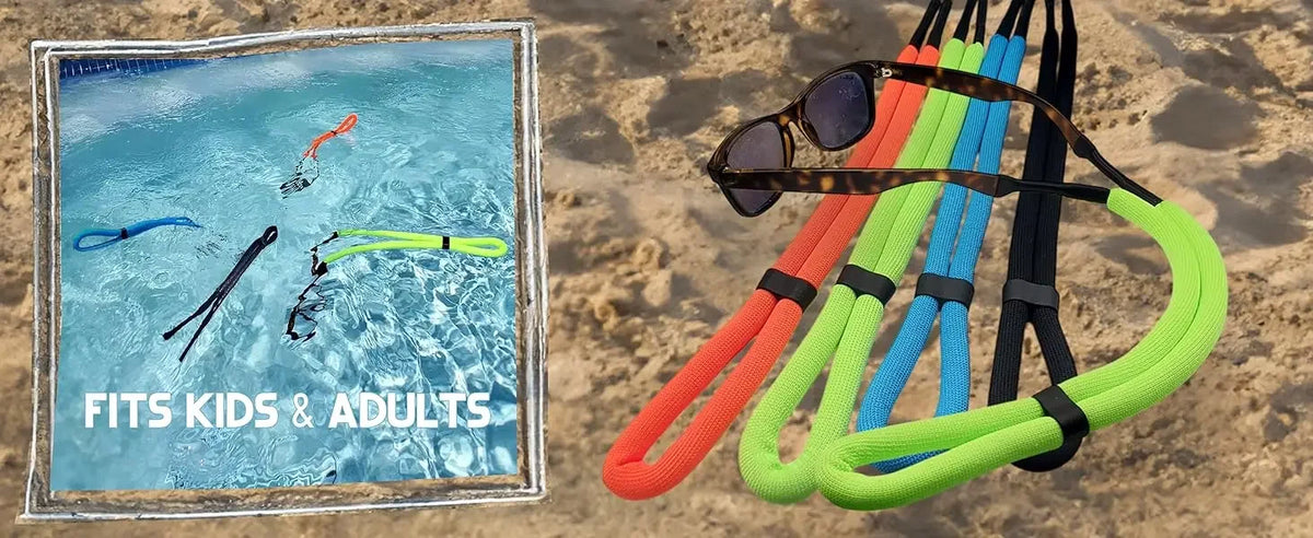 A collection of floating eyewear straps in orange, green, blue, and black are displayed on sand.