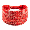 Rote Bandana-Stirnband mit weißem Paisley- und Blumenmuster.