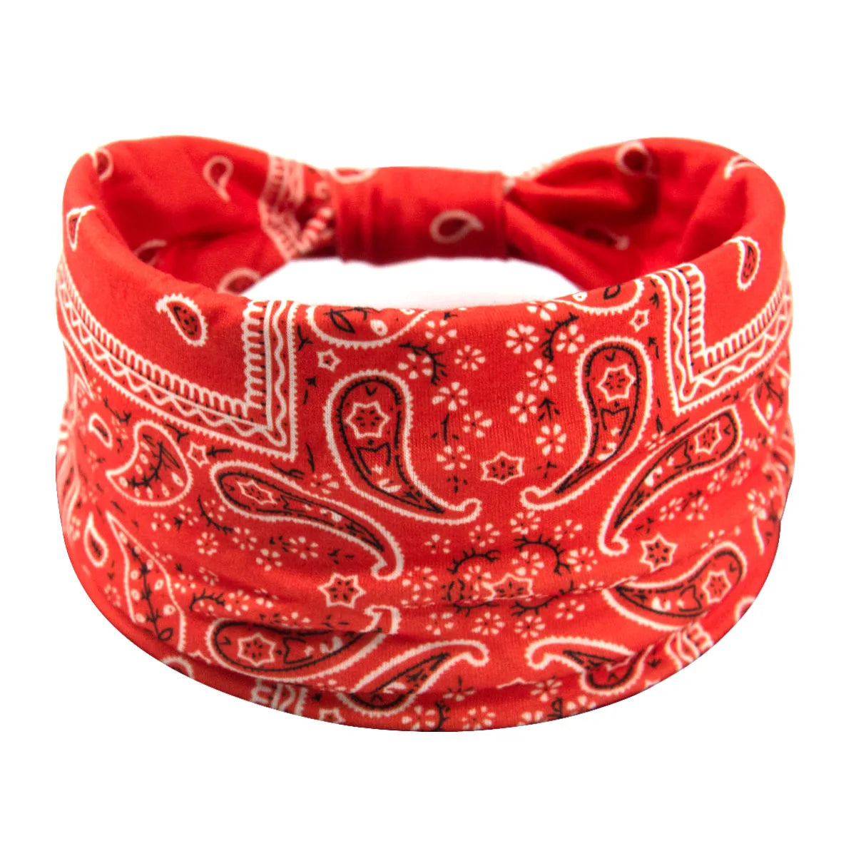 Rote Bandana-Stirnband mit weißem Paisley- und Blumenmuster.