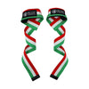 A pair of red, white, and green striped gym wrist straps with Bryant Fitness branding.