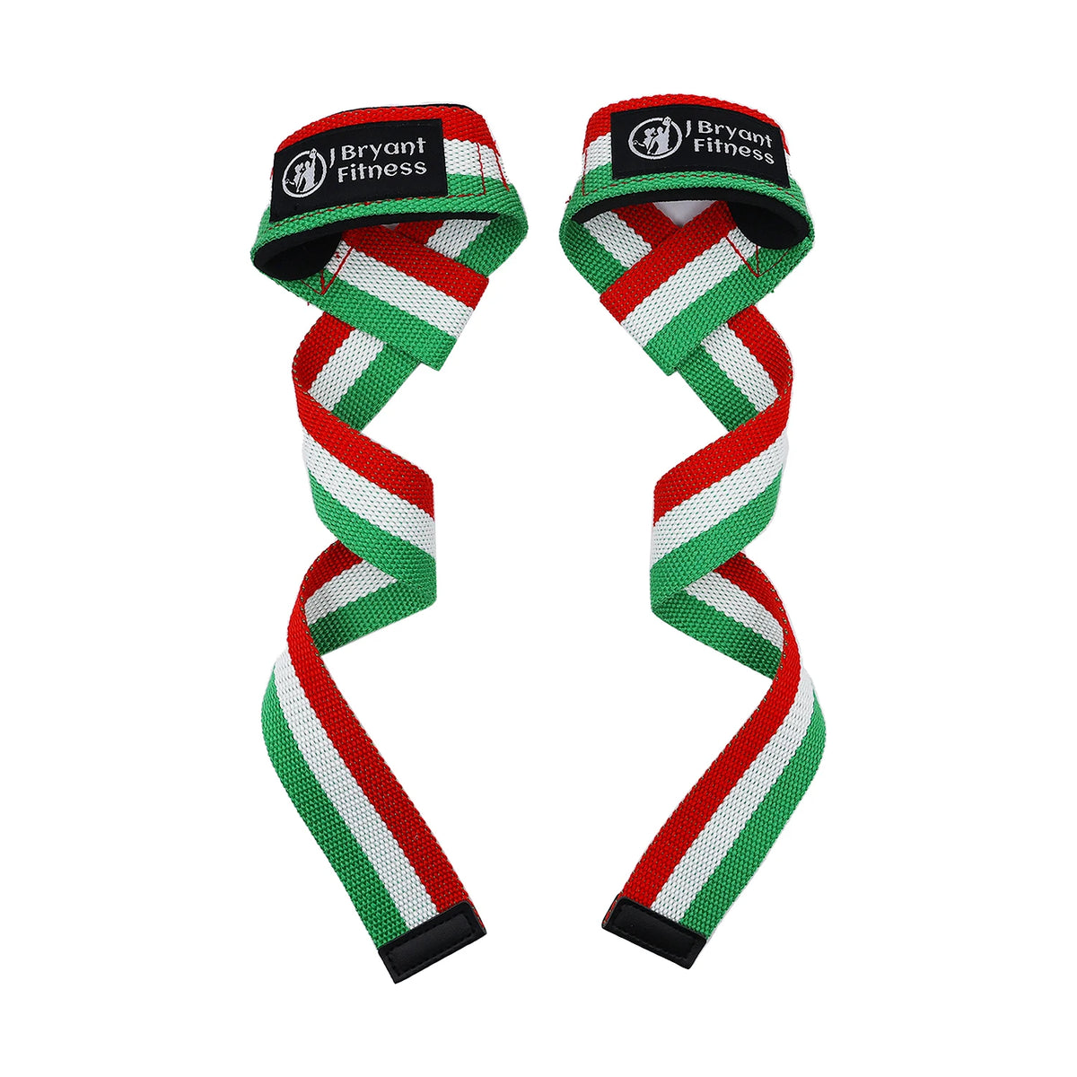 A pair of red, white, and green striped gym wrist straps with Bryant Fitness branding.
