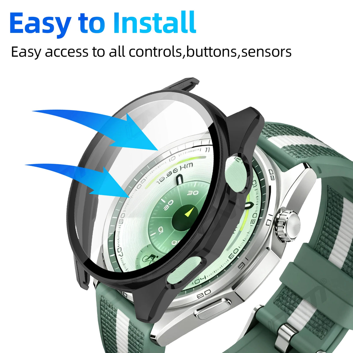 A close-up view of a smartwatch with a transparent tempered glass case and a green silicone strap.