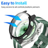 A close-up view of a smartwatch with a transparent tempered glass case and a green silicone strap.