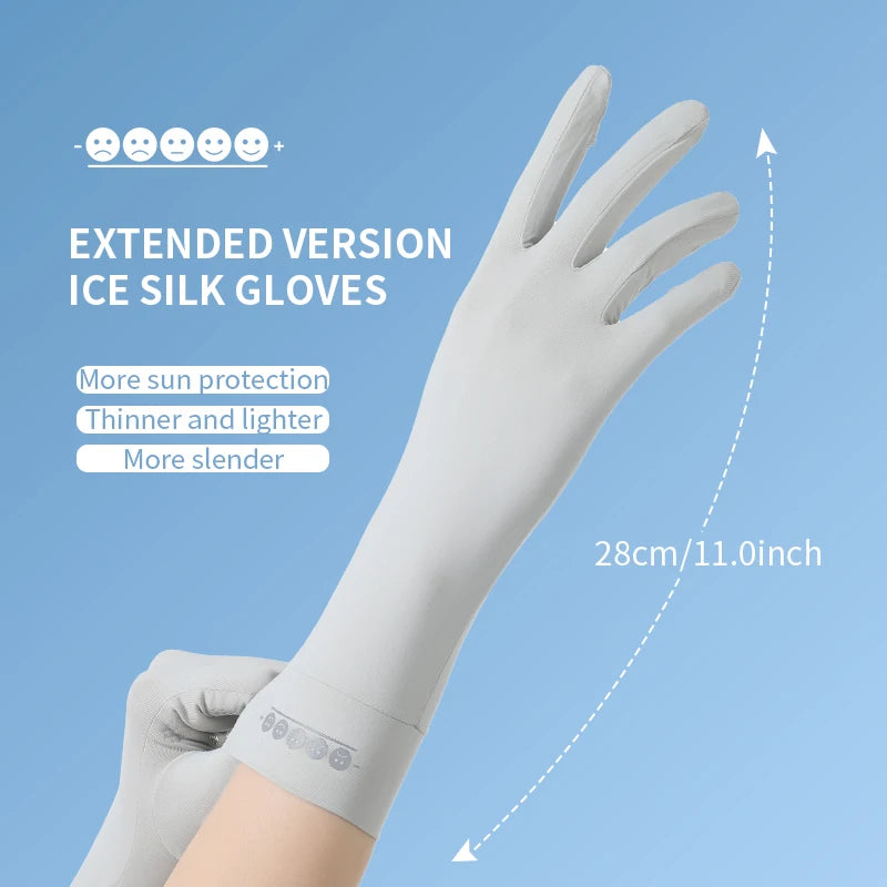 A hand wearing a light gray ice silk glove, demonstrating the extended version for sun protection and slender appearance.