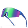 A pair of blue cycling sunglasses with a green and purple gradient lens displayed against a white background.