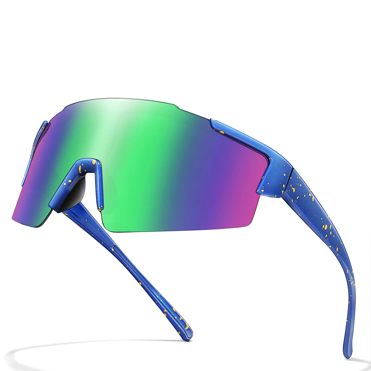 A pair of blue cycling sunglasses with a green and purple gradient lens displayed against a white background.