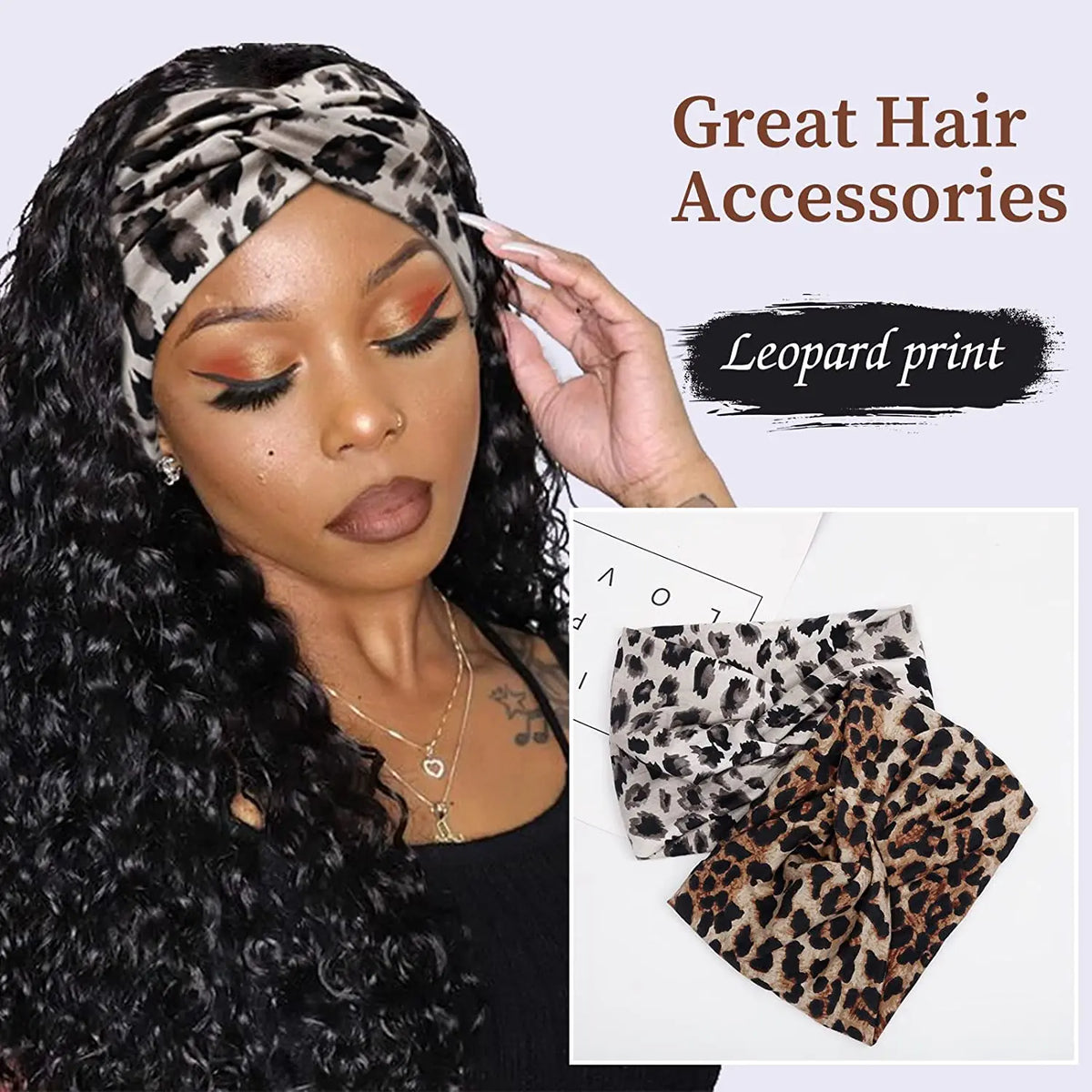 A woman models a leopard print hair accessory headband while looking down.