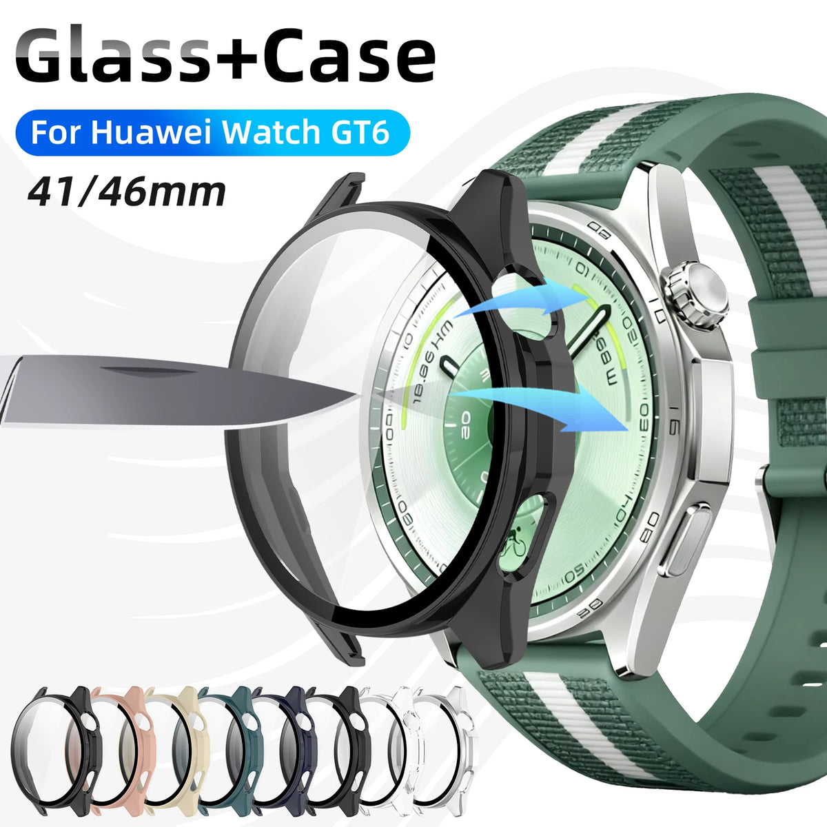 Tempered glass and hard PC case for Huawei Watch GT 6 showing the watch and various case options.