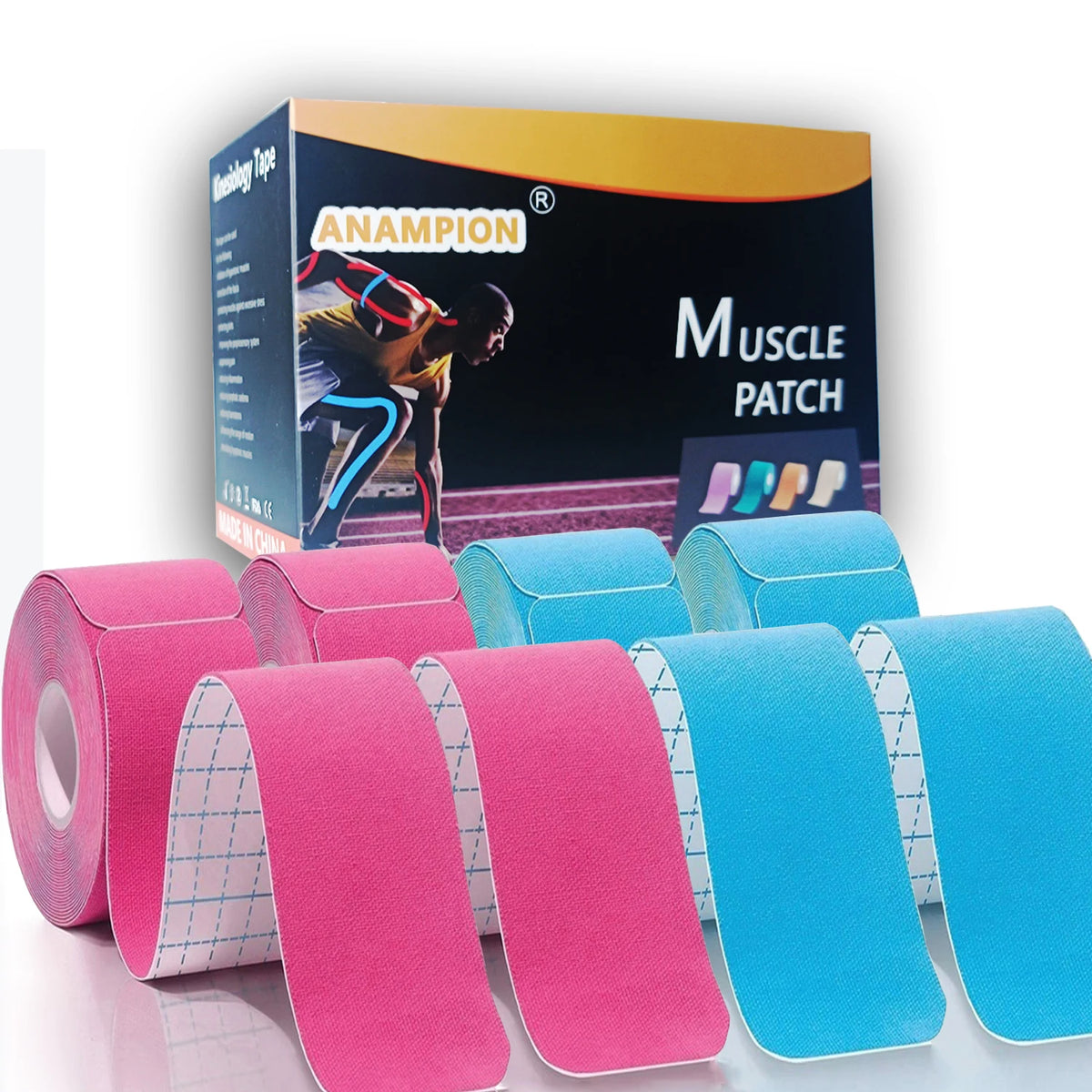 Rolls of Anampion Muscle Patch kinesiology tape in various colors pink blue and teal