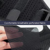 Close-up of a black breathable perforated fabric wrist and thumb support brace.
