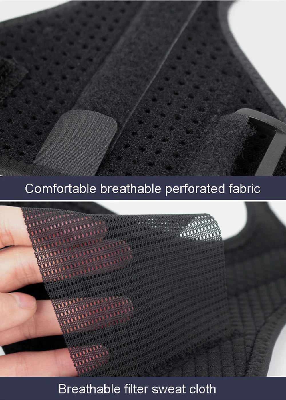 Close-up of a black breathable perforated fabric wrist and thumb support brace.