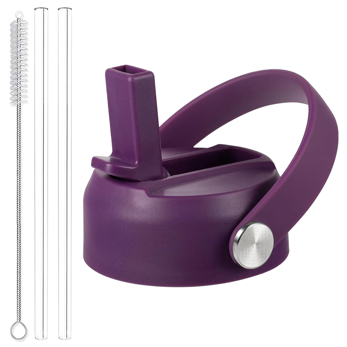 A purple secure straw lid for wide mouth bottles shown next to a metal straw and a clear tube.