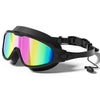 Black anti-fog UV protection swimming goggles with mirrored multi-colored lenses