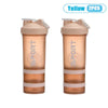 Two yellow 3-layer protein shaker bottles with handles shown side by side.