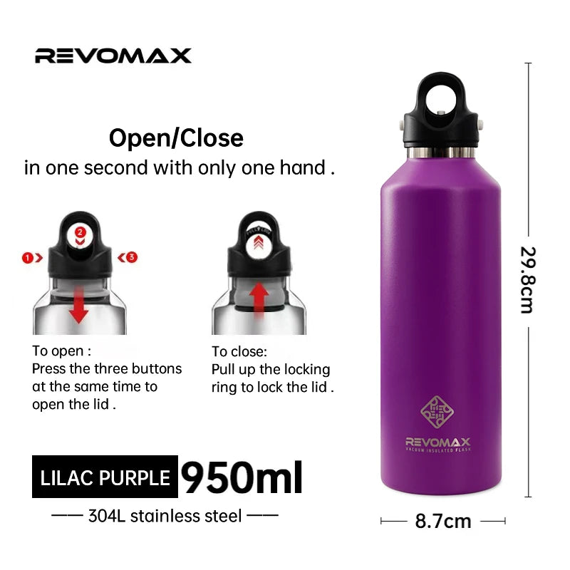 Lilac purple Revolmax thermos bottle with a black lid and stainless steel body.
