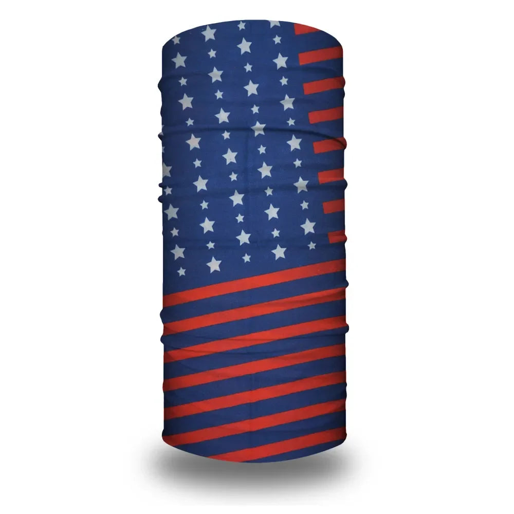 A rolled USA flag tube bandana or head wrap featuring the stars and stripes pattern.