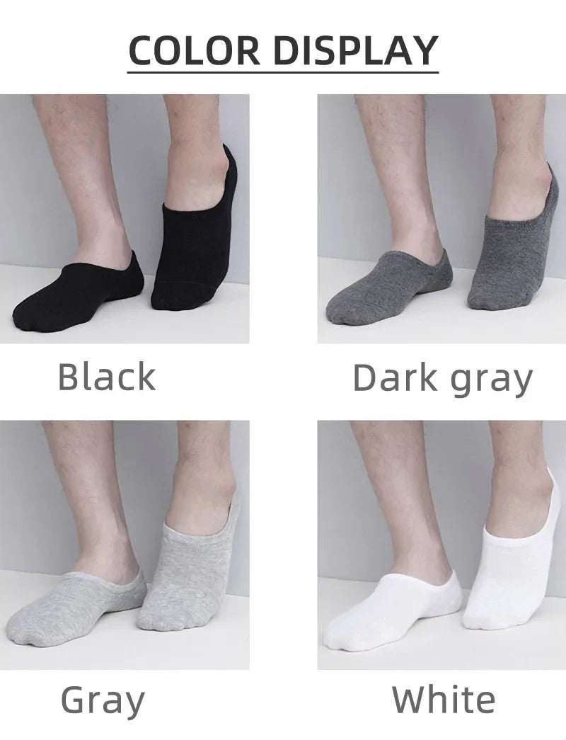 A display of men's invisible silicone no-show socks in black, dark gray, light gray, and white.