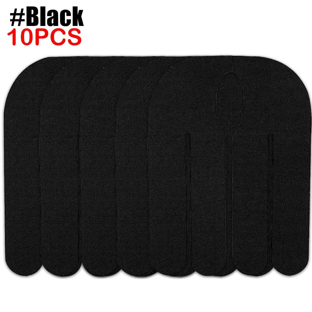 A set of ten black kinesiology tapes for sports recovery