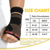 Size chart for a wrist compression brace showing measurements in centimeters and inches.