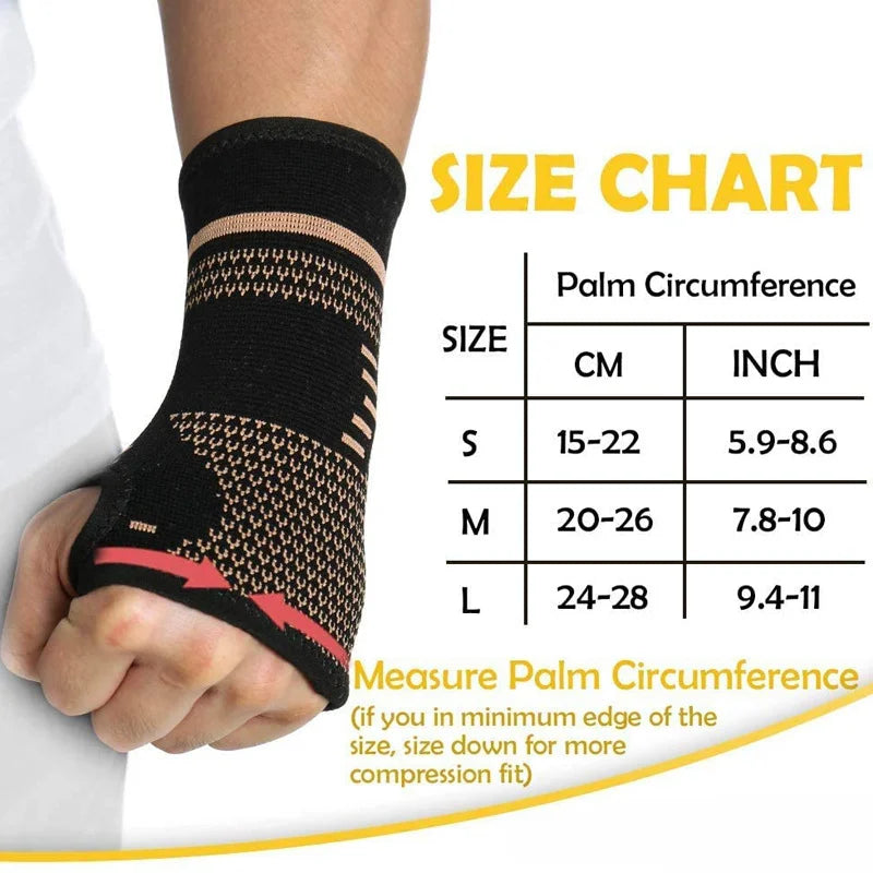 Size chart for a wrist compression brace showing measurements in centimeters and inches.