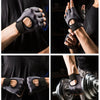A close-up of black anti-slip fingerless gym gloves with wrist support being used for exercise.