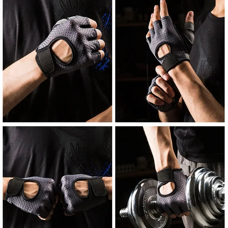 A close-up of black anti-slip fingerless gym gloves with wrist support being used for exercise.