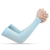 A hand wearing a light blue arm sleeve is shown, demonstrating sun protection.