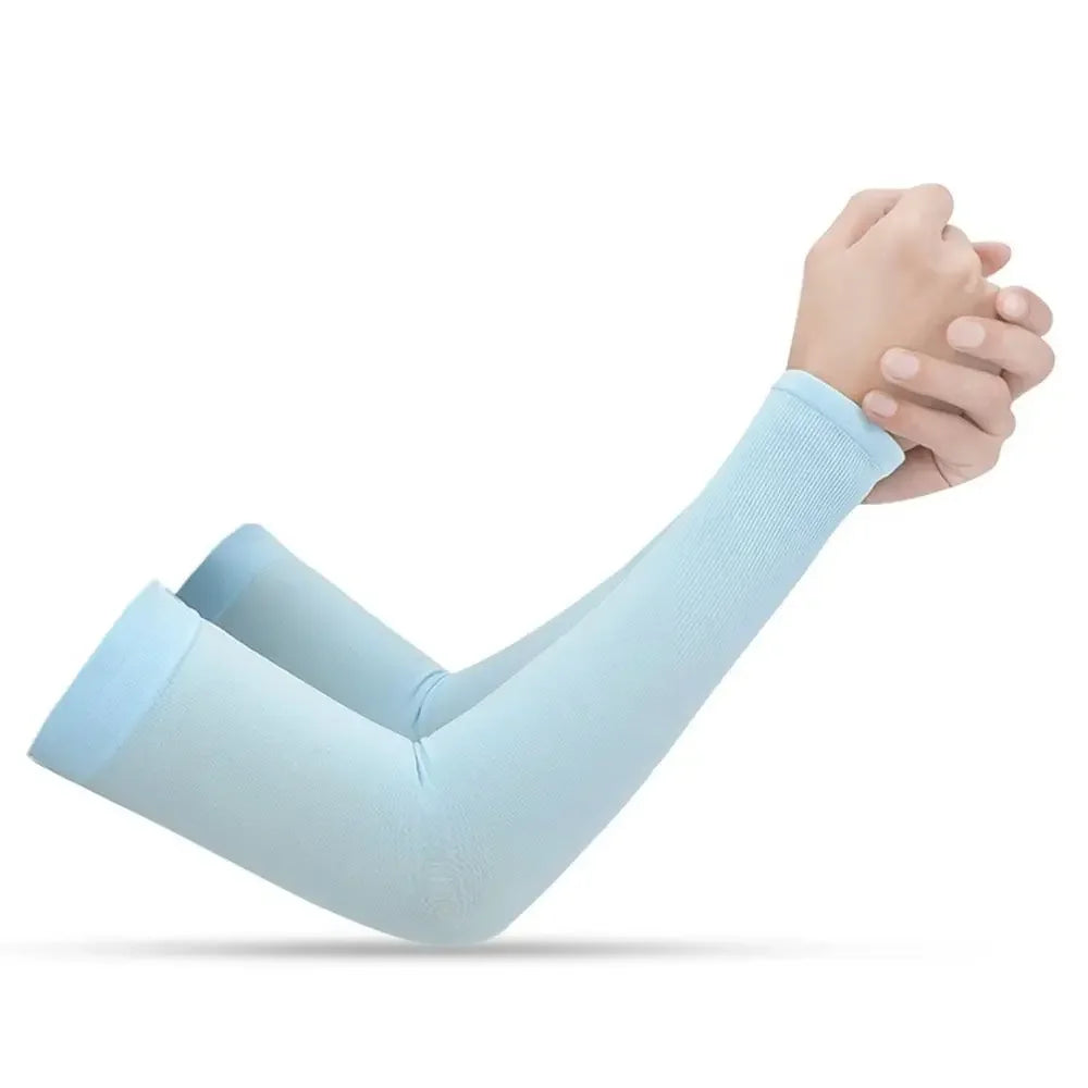 A hand wearing a light blue arm sleeve is shown, demonstrating sun protection.