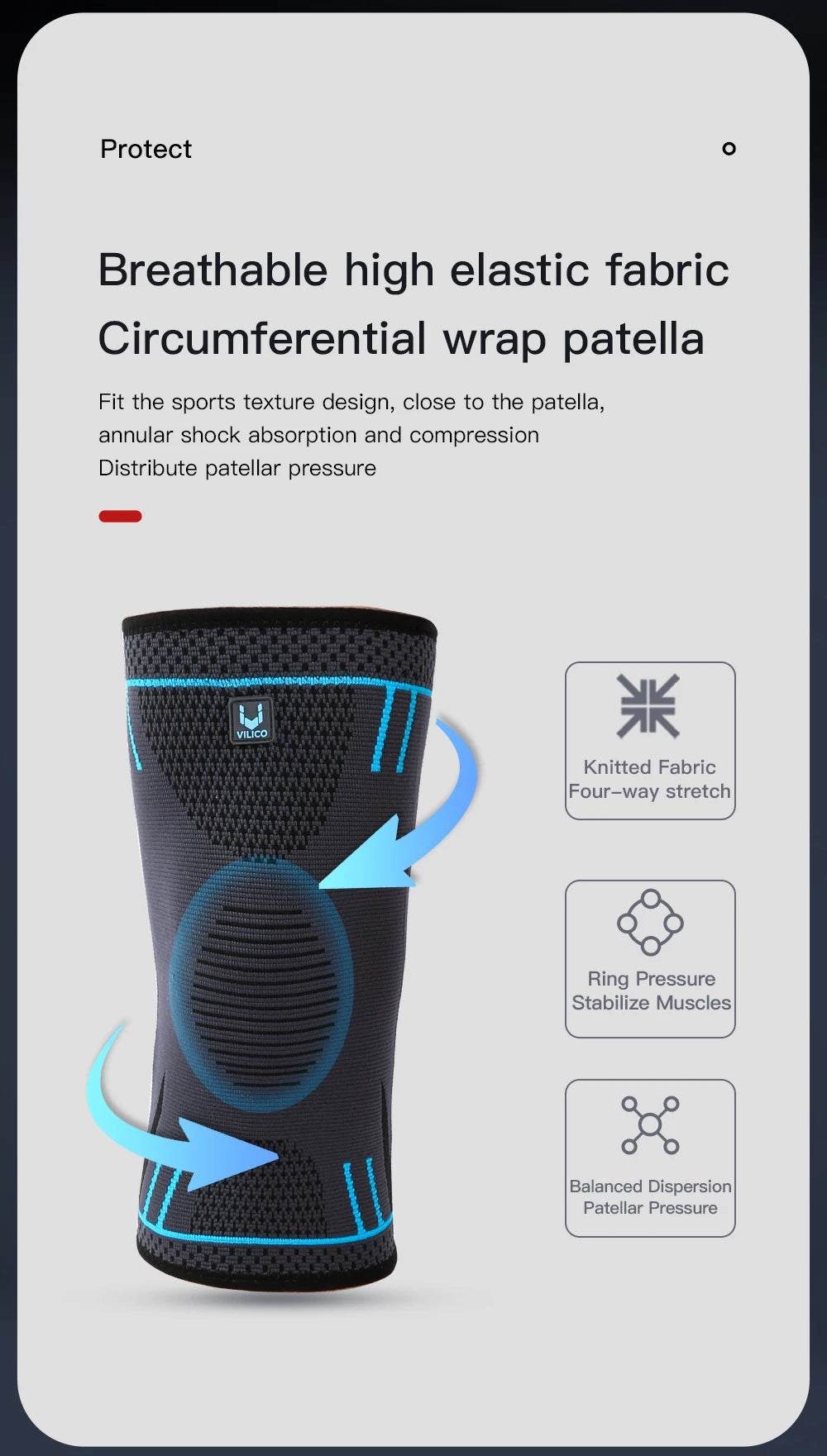 Black breathable elastic fabric patella wrap for distributing pressure and stabilizing muscles