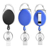 A set of three retractable ID badge reel keychains featuring black and blue circular badges.