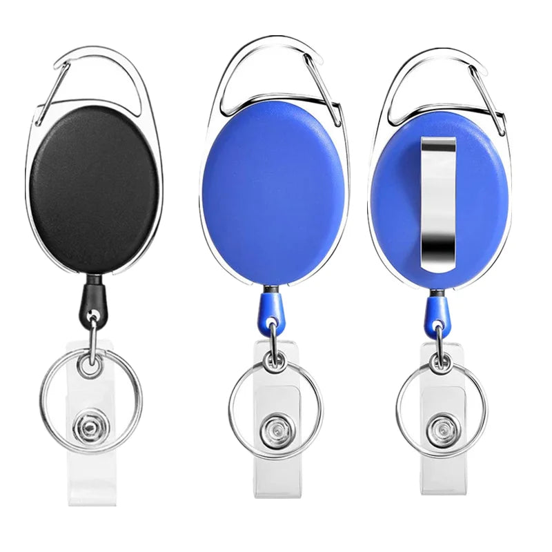 A set of three retractable ID badge reel keychains featuring black and blue circular badges.