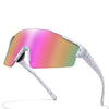 A pair of white cycling sunglasses with a gradient pink and green lens are shown in profile.
