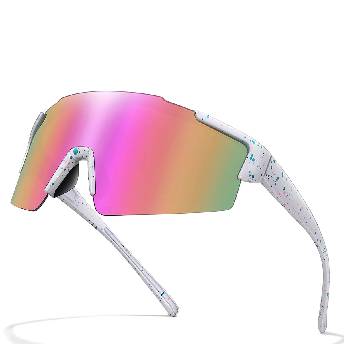 A pair of white cycling sunglasses with a gradient pink and green lens are shown in profile.