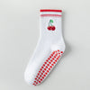 Chaussettes de yoga blanches à rayures rouges et motif cerisier brodé