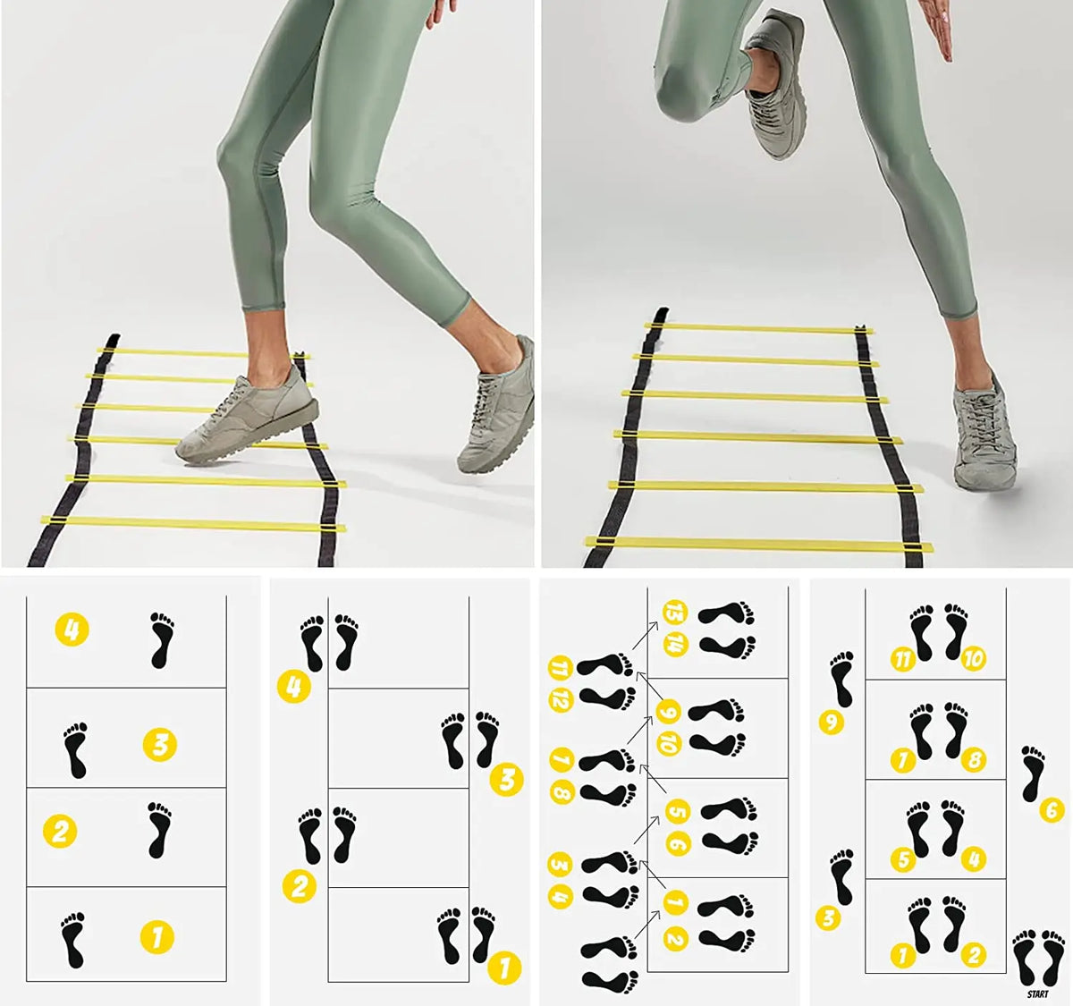 A professional agility ladder used for sports training, showing various foot placements and drills.