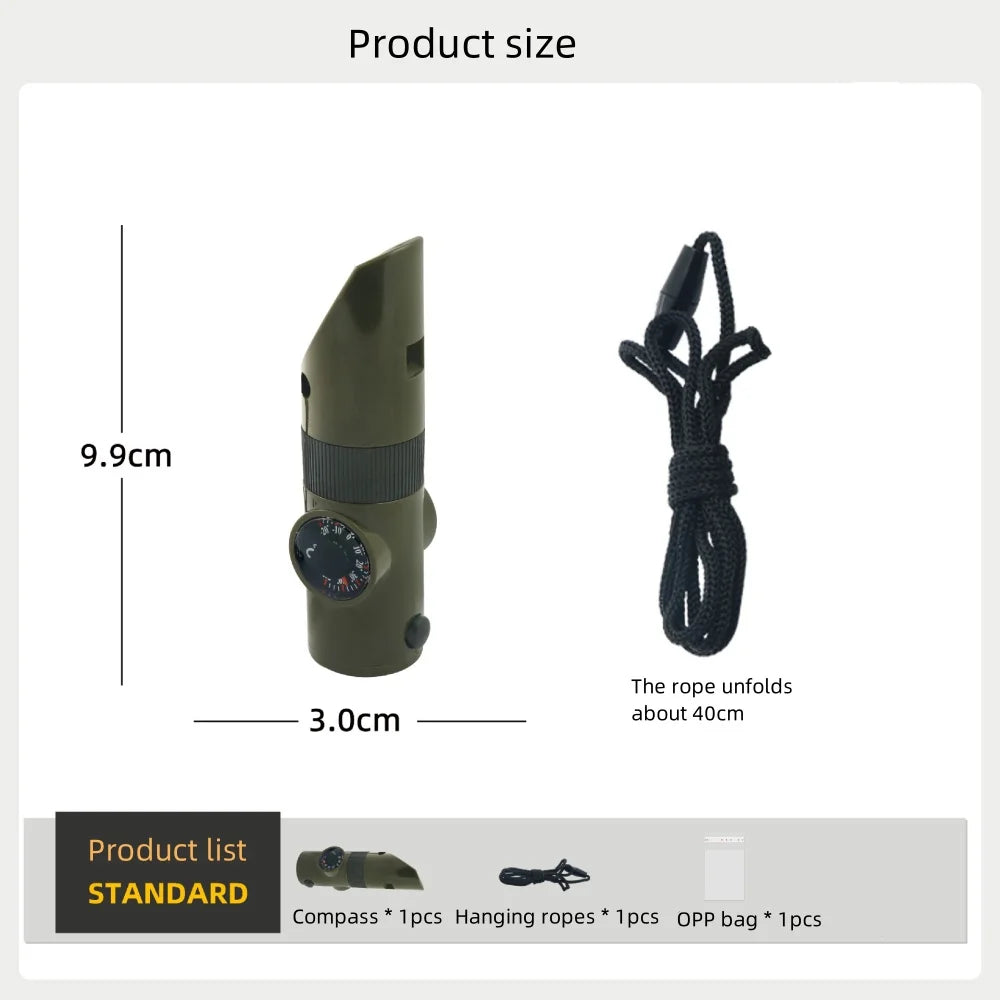 A survival whistle and tool kit shown with a 9.9cm length and hanging ropes that unfold to about 40cm.