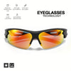 A pair of orange-tinted wraparound sunglasses with black frames shown against a white background.