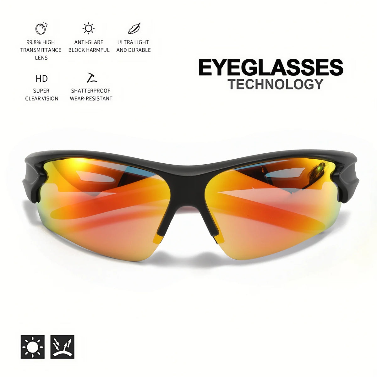A pair of orange-tinted wraparound sunglasses with black frames shown against a white background.