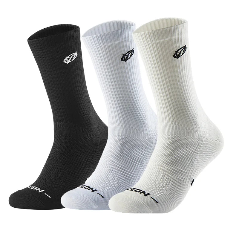 Three pairs of premium athletic running socks in black and white with arch support shown from the side.