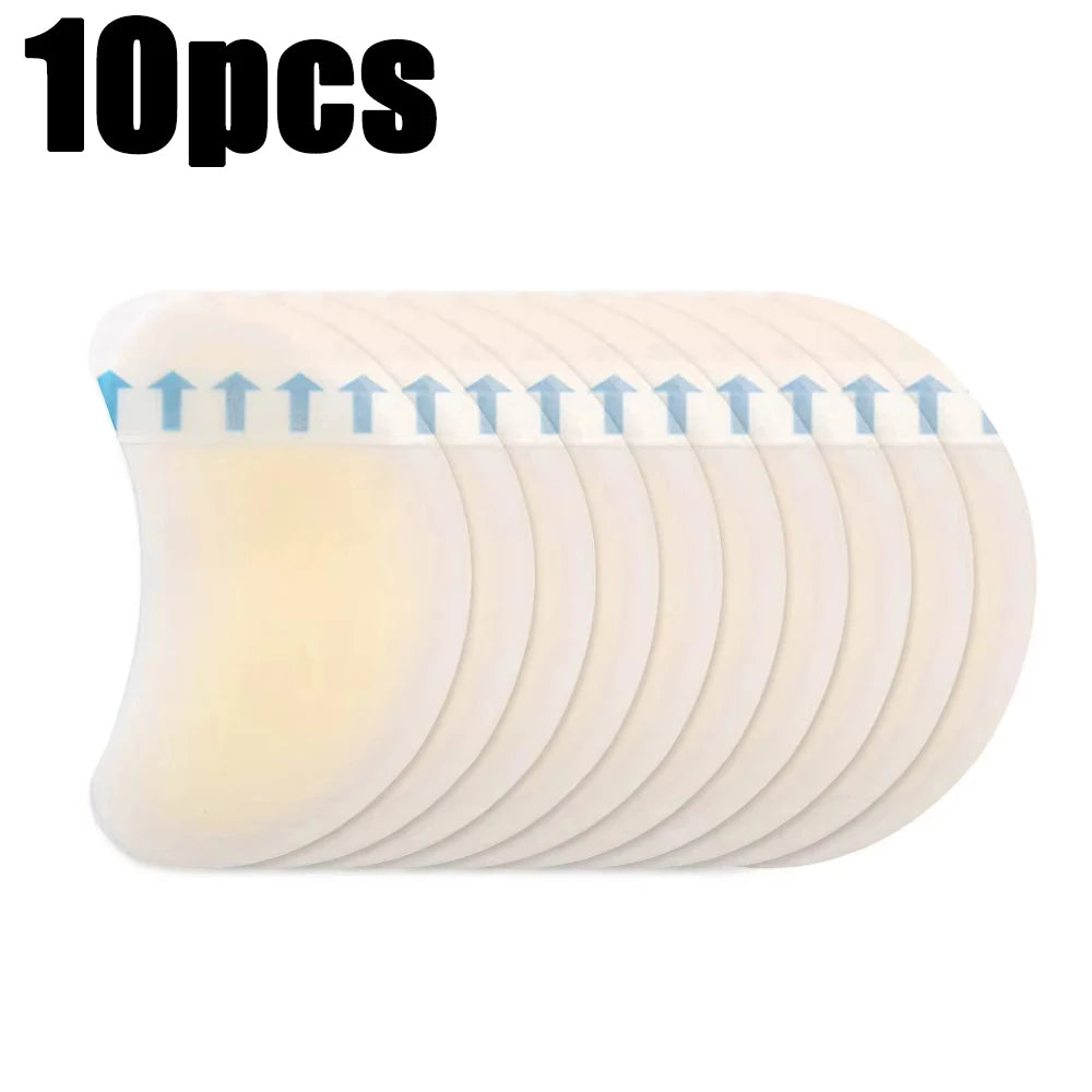 Ten clear silicone blister patches arranged in a row for foot protection.
