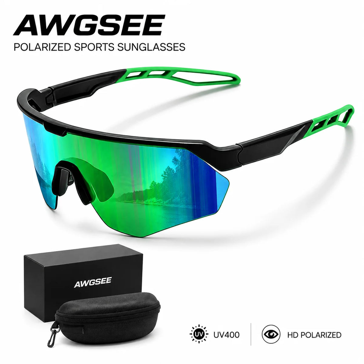 A pair of black and green polarized sports sunglasses with a vibrant blue-green lens displayed against a white background.