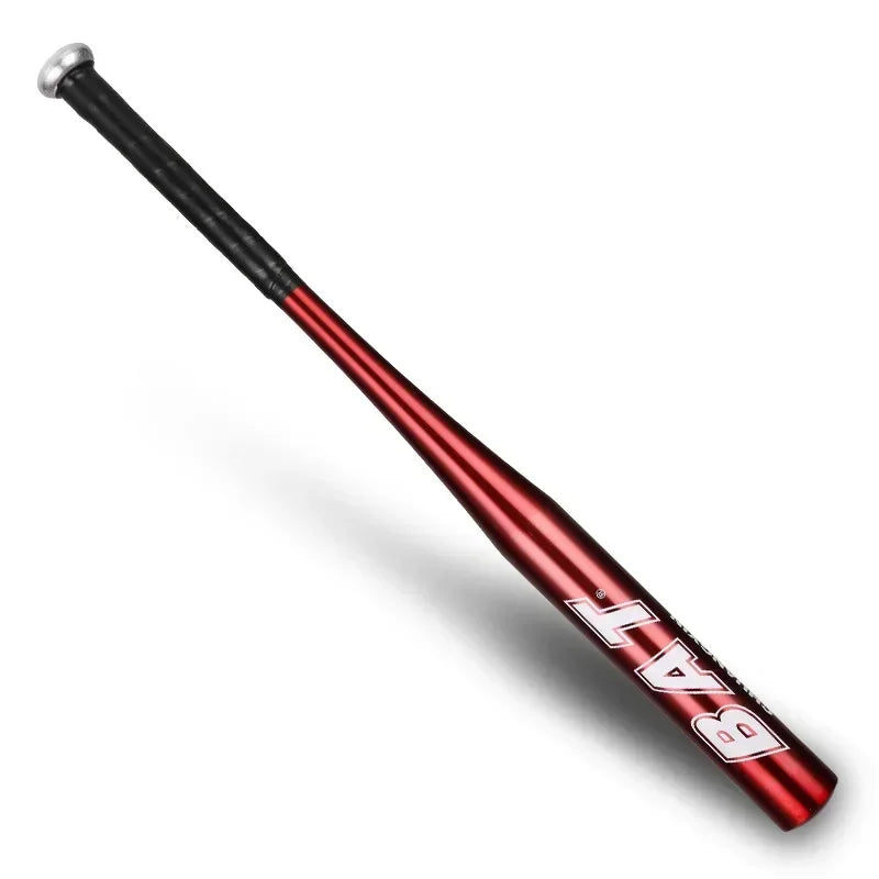 A close-up view of a red and black aluminum baseball bat with a silver handle.