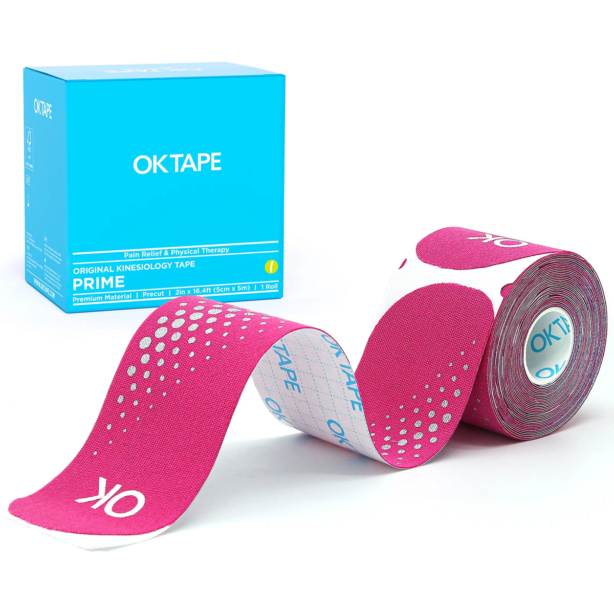 A roll of pink OKtape kinesiology tape is shown next to its blue packaging box.