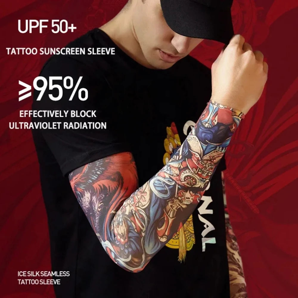 A close-up of a man wearing a black t-shirt with a colorful tattoo sleeve on his arm, demonstrating UPF 50+ sun protection.
