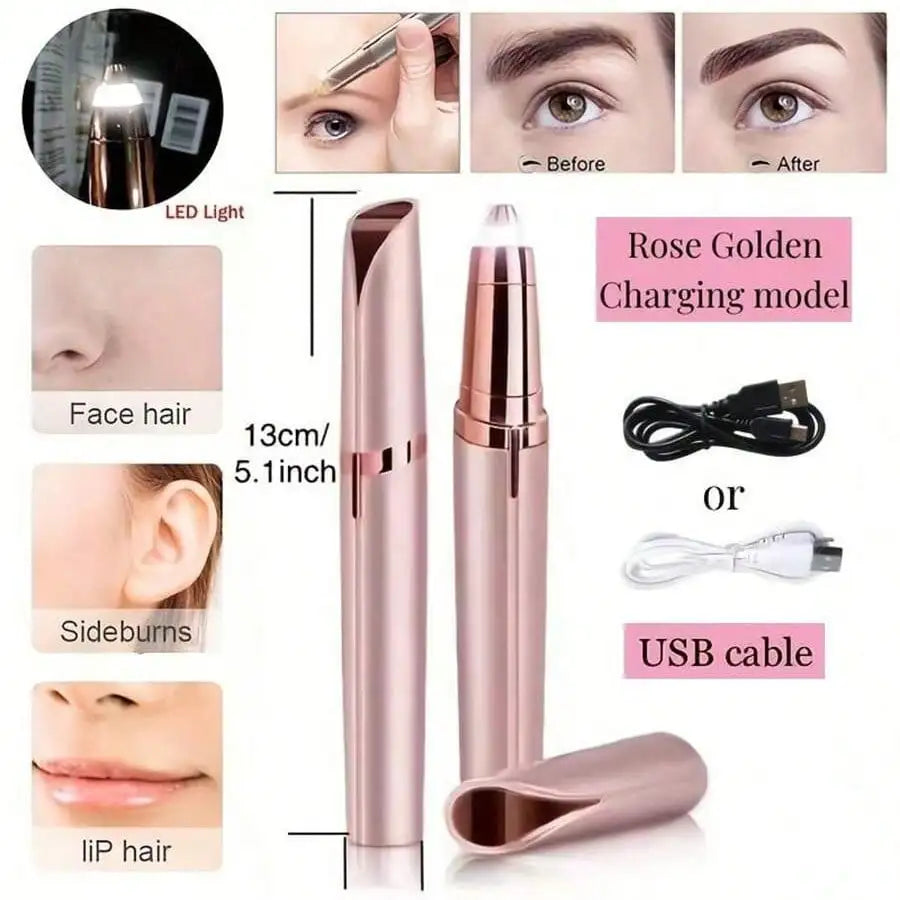 A pink automatic electric eyebrow trimmer and shaper with a rose gold charging model and USB cable.