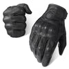 A pair of black durable leather touch screen riding gloves shown from the back and palm view.
