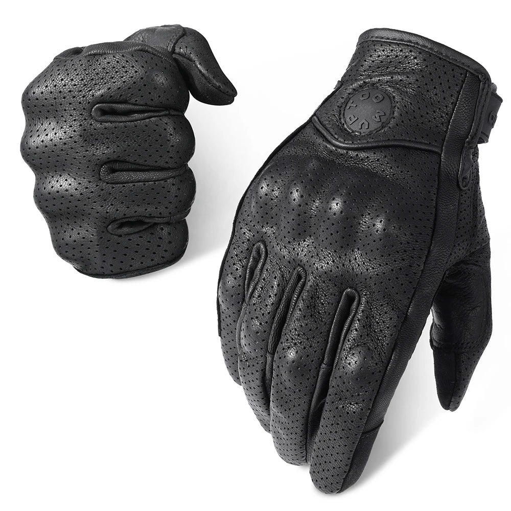 A pair of black durable leather touch screen riding gloves shown from the back and palm view.
