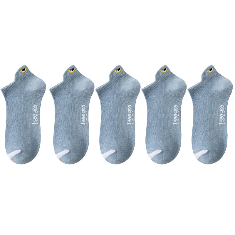 A set of five light blue breathable ankle boat socks displayed side by side.