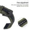A close-up view of a dark olive green nylon watch band with black buckles and holes for adjustment.