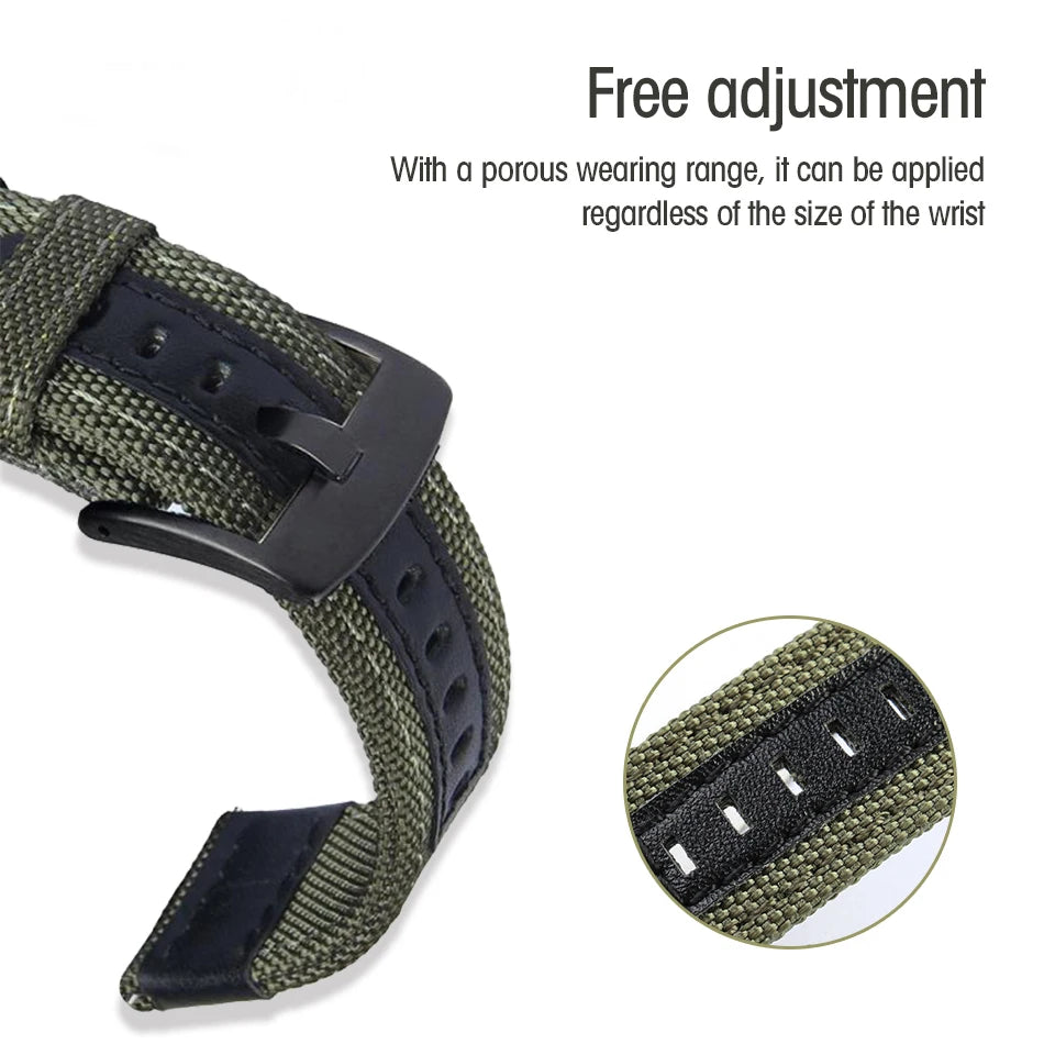 A close-up view of a dark olive green nylon watch band with black buckles and holes for adjustment.